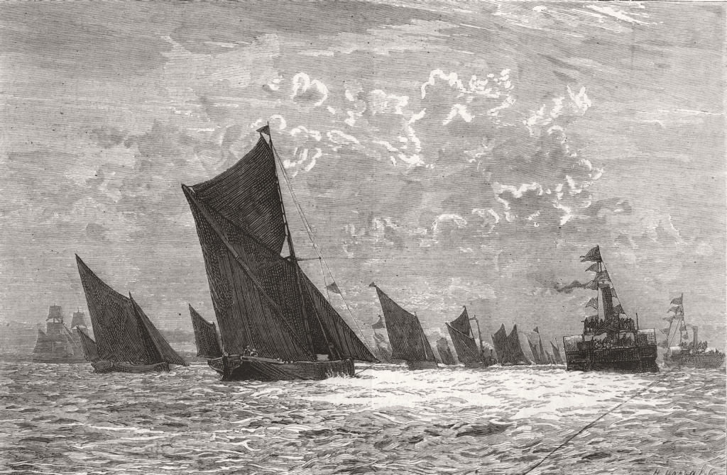 LONDON. The Thames barge race-Running home before the wind 1880 old print